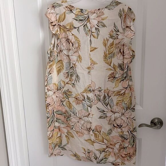 Nicole Miller Floral Print Linen Dress Ruffle Cap Sleeves Soft Peach, Blue - Picture 5 of 7